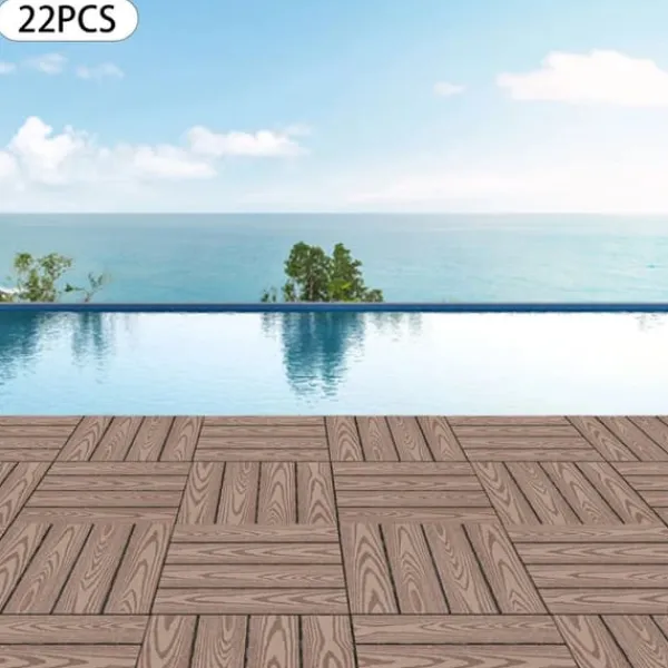 Hot WPC terrassefliser - Kliksystem - 22-pak - 30×30 cm - 20 mm Tykkelse - Præget træstruktur - Bæreevne 500 kg - Mørk khaki Havedekorationer