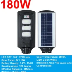 Outlet 60W/120W/180W (60/120/180LED) 6500K Solpanel Gadelys IP66 Vandtæt +4 tilstande + Fjernbetjening,Udendørs Havegadevæglampe Sikkerhedsbelysning Sikkerhedslamper