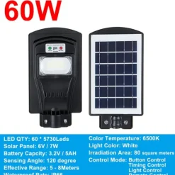 Outlet 60W/120W/180W (60/120/180LED) 6500K Solpanel Gadelys IP66 Vandtæt +4 tilstande + Fjernbetjening,Udendørs Havegadevæglampe Sikkerhedsbelysning Sikkerhedslamper