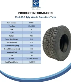 Havemaskiner^13x5.00-6 Dæk og fælge til græsplæneklipper Wanda P332, 20 mm 6304 lejer (sæt med 2)
