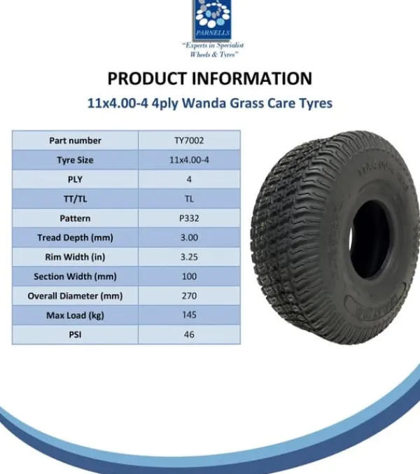 Havemaskiner^11x4.00-4 Græsdæk til plæneklipper og stålfælg P332 20 mm lejer 145 kg (sæt med 2)