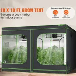 Best 10x10 hydroponisk voksetelt, 120'' x 120'' x 80'', højreflekterende 600D Mylar med vindue, værktøjstaske og gulvbakke til indendørs planter. Drivhus