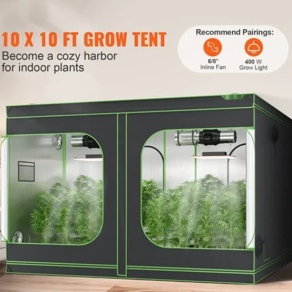 Best 10x10 hydroponisk voksetelt, 120'' x 120'' x 80'', højreflekterende 600D Mylar med vindue, værktøjstaske og gulvbakke til indendørs planter. Drivhus