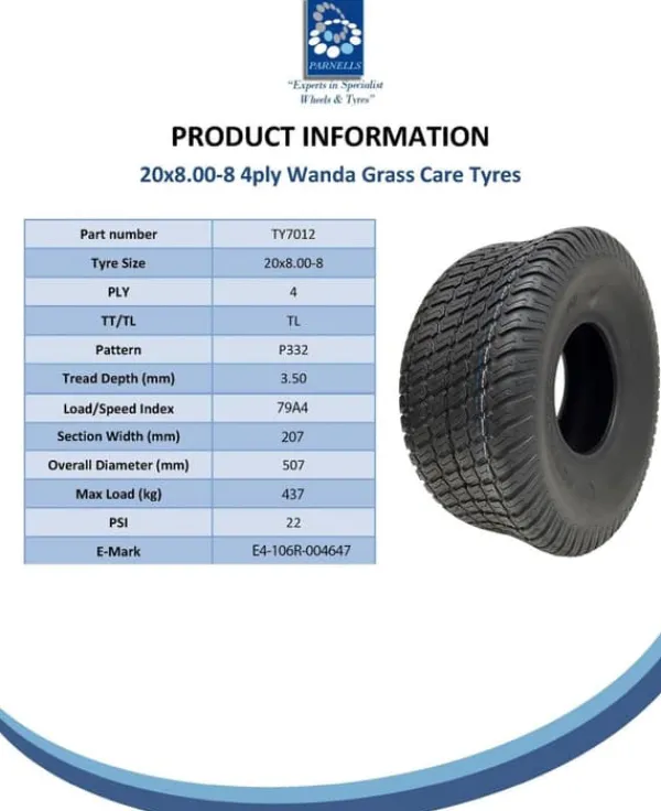 Havemaskiner^20x8.00-8 Multi turf - plæneklipperdæk, ride on på 4 knopper 100mm PCD - sæt med 2 -