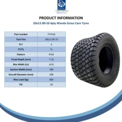Havemaskiner^20x12.00-10 Plæneklipperdæk 4ply Multi Turf Grass Wanda P332 600kgs Off Road-brug