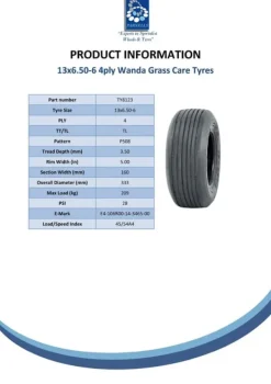 Outlet 13x6.50-6 plæneklipperdæk 4ply Multi turf rib - hay bob turner rake - Wanda P508 Havemaskiner