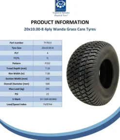 Havemaskiner^20x10.00-8 plæneklipperdæk 4ply Multi turf græs - plæneklipperdæk Wanda P332 sæt af 2