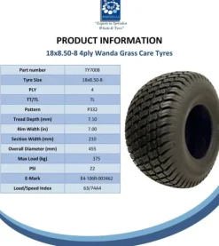 New 18x8.50-8 Plæneklipperdæk 4ply Multi Turf Grass Wanda P332 Road Legal (sæt med 2) Havemaskiner