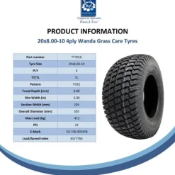 Havemaskiner^20x8.00-10 Plæneklipperhjul med 4 knopper Turf Wanda 100 mm PCD Road Legal (sæt med 2)