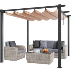 Buer, Spalier, Lysthuse Uden Tag^10'x10' Udendørs Udtrækkelig Pergola med Solskærm, Aluminium, Beige, Vandafvisende, Holdbar, Ideel til Have eller Terrasse.