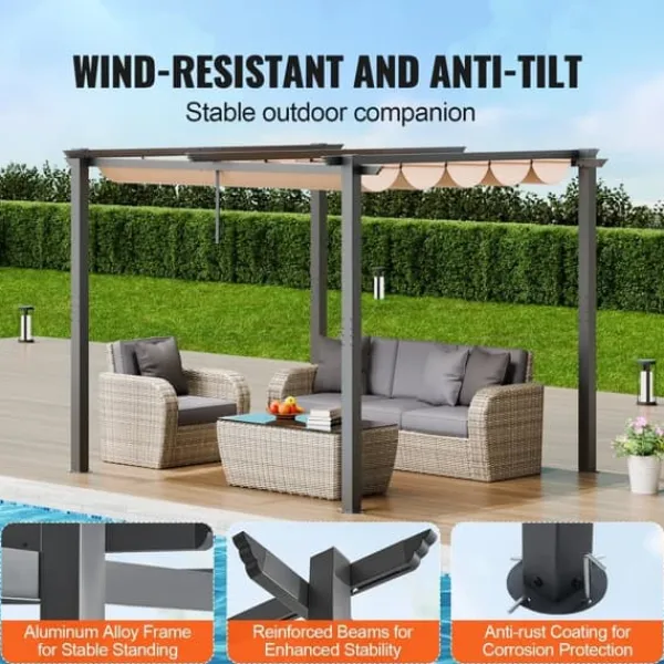 Buer, Spalier, Lysthuse Uden Tag^10'x10' Udendørs Udtrækkelig Pergola med Solskærm, Aluminium, Beige, Vandafvisende, Holdbar, Ideel til Have eller Terrasse.