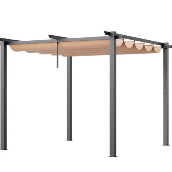 Buer, Spalier, Lysthuse Uden Tag^10'x10' Udendørs Udtrækkelig Pergola med Solskærm, Aluminium, Beige, Vandafvisende, Holdbar, Ideel til Have eller Terrasse.