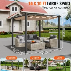 Buer, Spalier, Lysthuse Uden Tag^10'x10' Udendørs Udtrækkelig Pergola med Solskærm, Aluminium, Beige, Vandafvisende, Holdbar, Ideel til Have eller Terrasse.