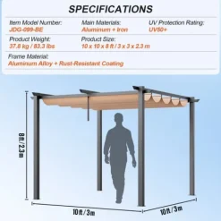 Buer, Spalier, Lysthuse Uden Tag^10'x10' Udendørs Udtrækkelig Pergola med Solskærm, Aluminium, Beige, Vandafvisende, Holdbar, Ideel til Have eller Terrasse.