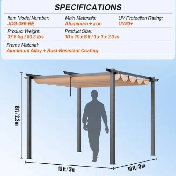 Buer, Spalier, Lysthuse Uden Tag^10'x10' Udendørs Udtrækkelig Pergola med Solskærm, Aluminium, Beige, Vandafvisende, Holdbar, Ideel til Have eller Terrasse.