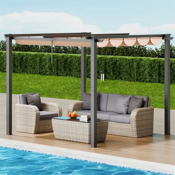 Buer, Spalier, Lysthuse Uden Tag^10'x10' Udendørs Udtrækkelig Pergola med Solskærm, Aluminium, Beige, Vandafvisende, Holdbar, Ideel til Have eller Terrasse.