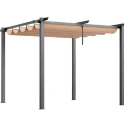 Buer, Spalier, Lysthuse Uden Tag^10'x10' Udendørs Udtrækkelig Pergola med Solskærm, Aluminium, Beige, Vandafvisende, Holdbar, Ideel til Have eller Terrasse.
