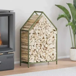 Outlet brændestativ 60x25x90 cm koldvalset stål olivengrøn Tilbehør Til Brændeovne & Pejse